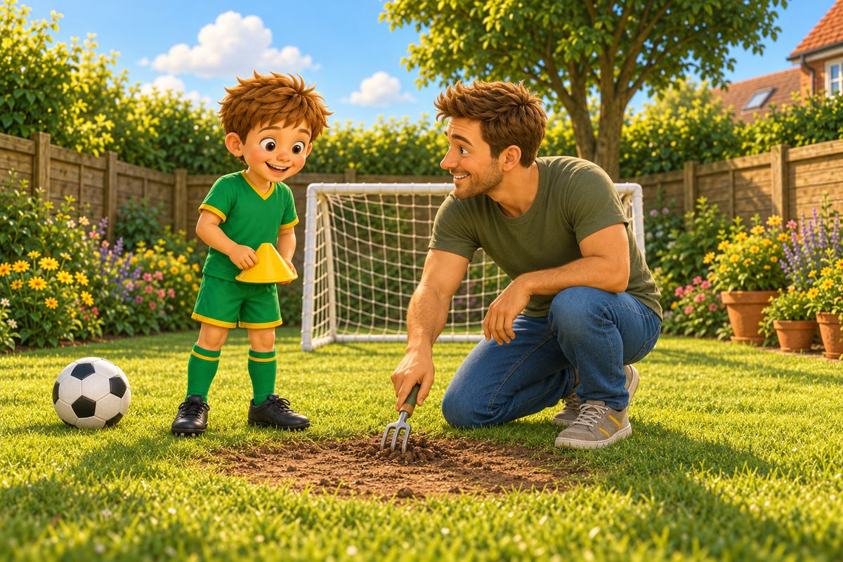A dad crouches with a hand fork beside a worn brown patch of lawn in front of a small goal while a boy stands next to him holding a cone.