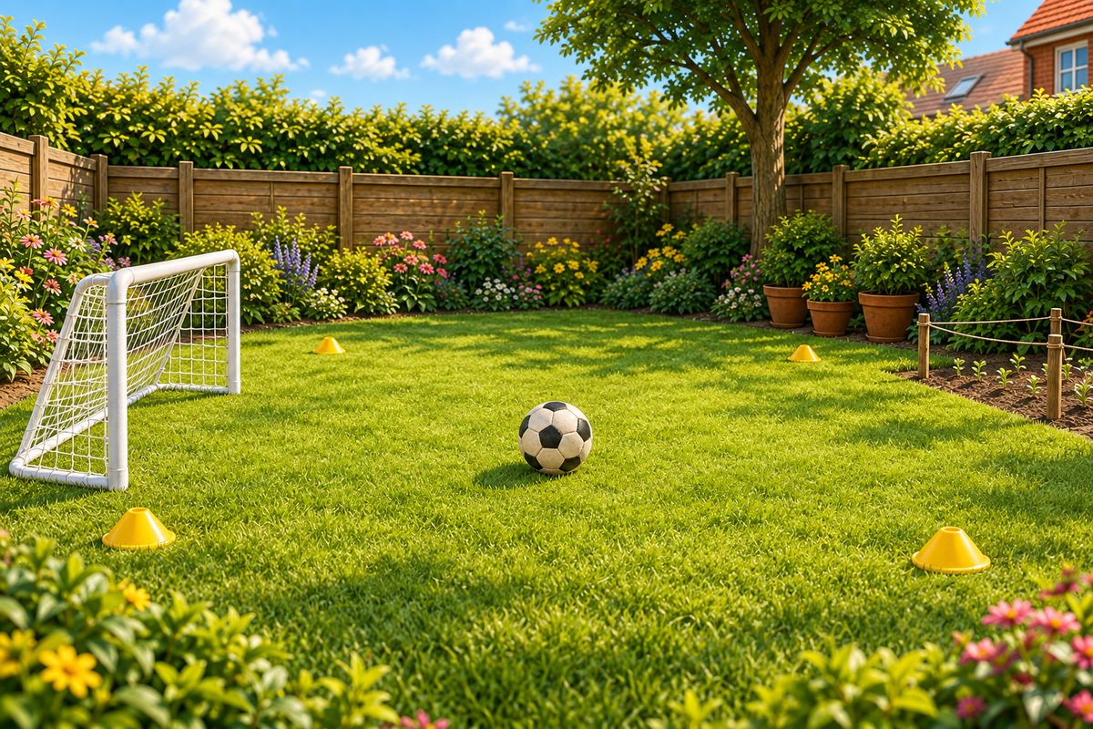 A small green lawn with four yellow cones in a square, one small goal at one cone and a bare brown patch marked off at the other end.