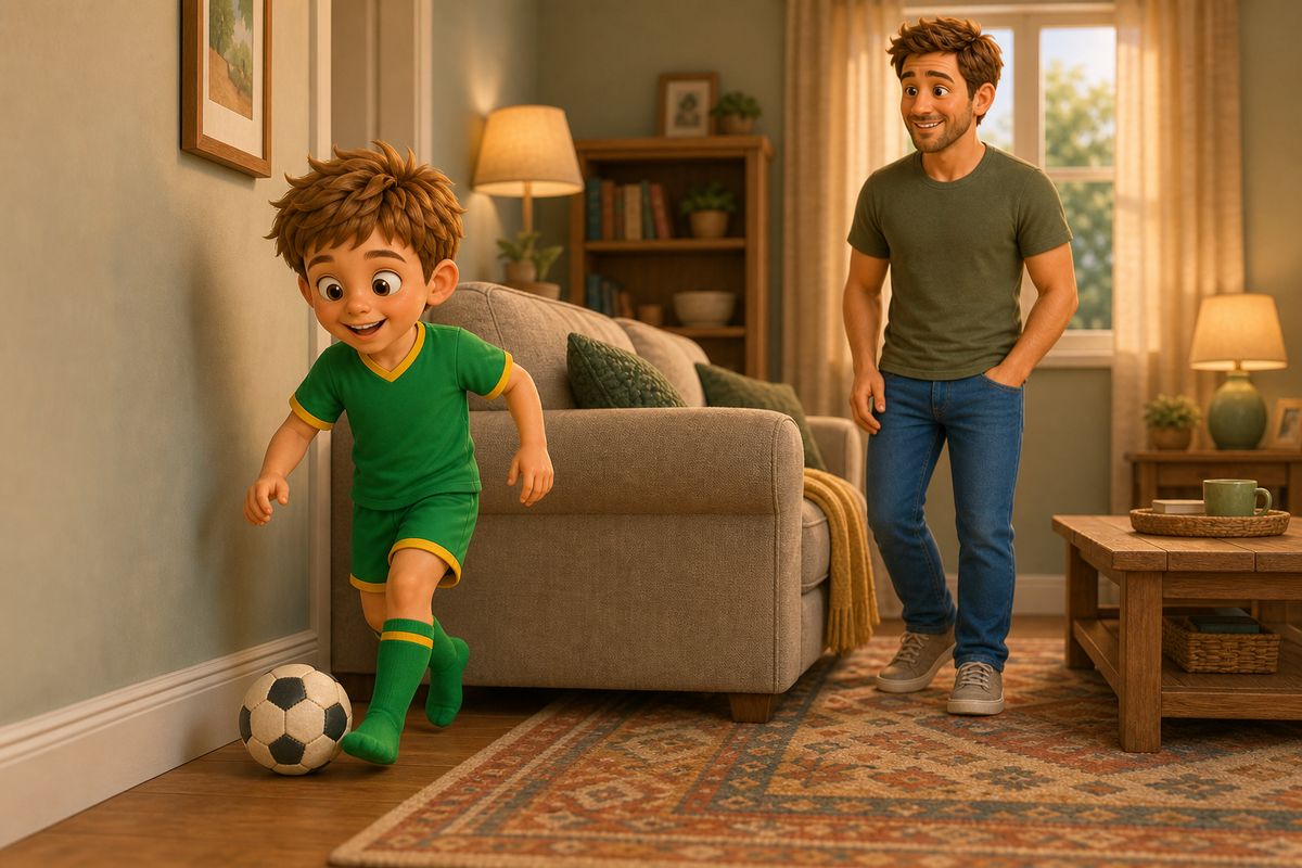 A boy dribbling a soft ball through a gap between a sofa and a wall in a cosy UK living room while a dad watches and encourages from nearby