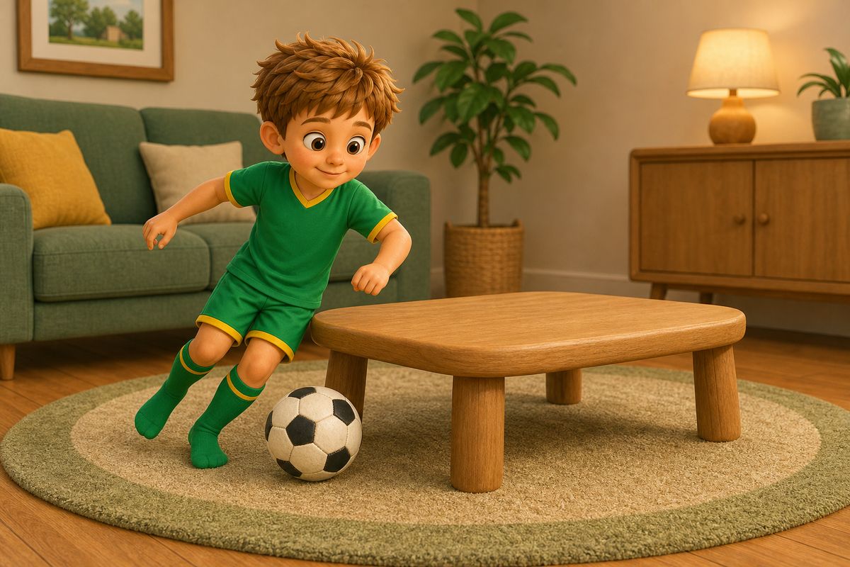 A boy carefully dribbling a soft ball around a low coffee table on a living room rug, showing the coffee table slalom game