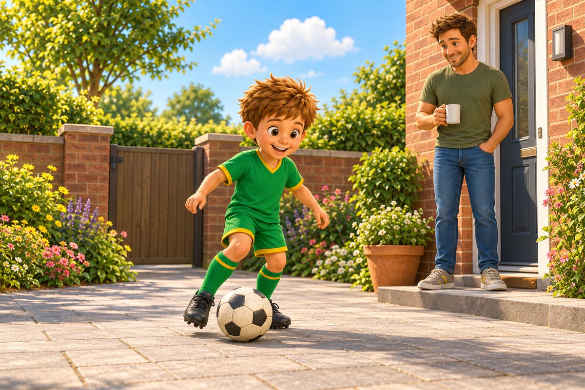 A boy dribbles a ball close to his feet on a driveway while his dad watches from the doorstep.