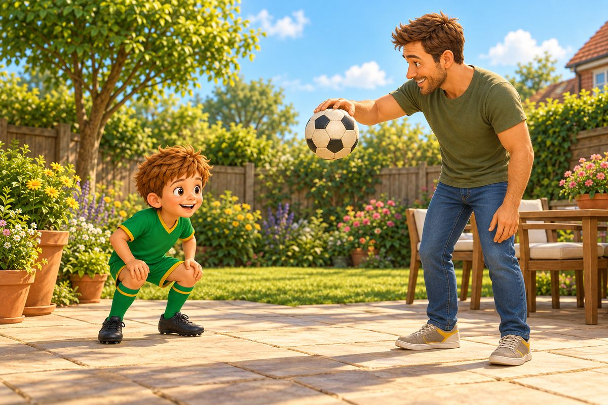A dad holds a ball at shoulder height over a patio while his boy crouches to watch the rebound.