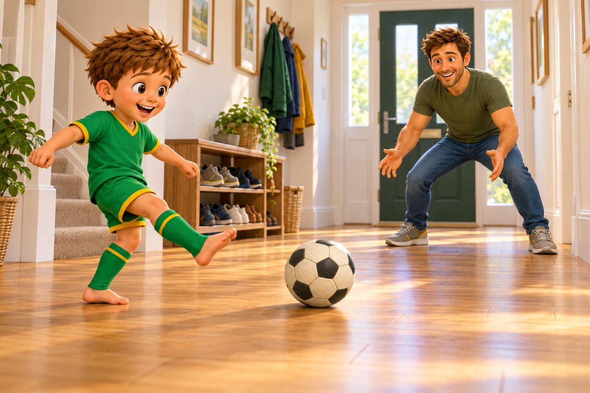 A boy passes a ball along a hallway floor to his dad, the ball staying low along the floor.