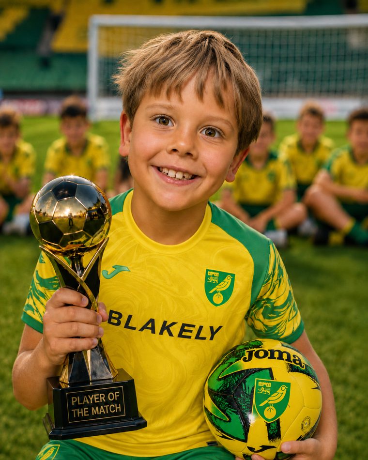 Lucas, Our Kickabout's chief child play-tester, smiling with his Player of the Match trophy and a football
