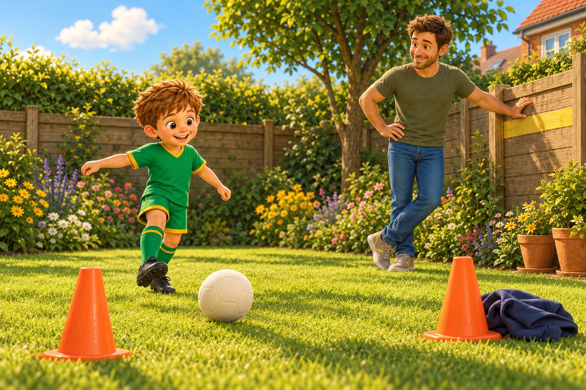 A dad and a boy in a garden with a goal made from two orange cones and a rolled-up coat, the boy about to pass a soft ball between them.