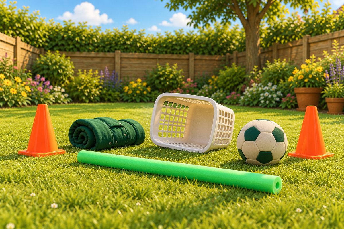 Two orange cones, a rolled-up coat, a plastic laundry basket on its side, a flat pool noodle and a soft ball laid out on a lawn.