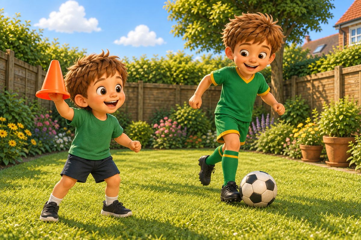 Two children of different sizes sharing a football game in a small UK garden, the smaller child holding a cone as a marker while the bigger child dribbles the ball nearby.