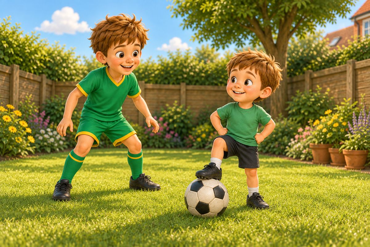 A smaller child successfully stopping a football with their foot on a lawn while a bigger sibling looks on, both smiling.
