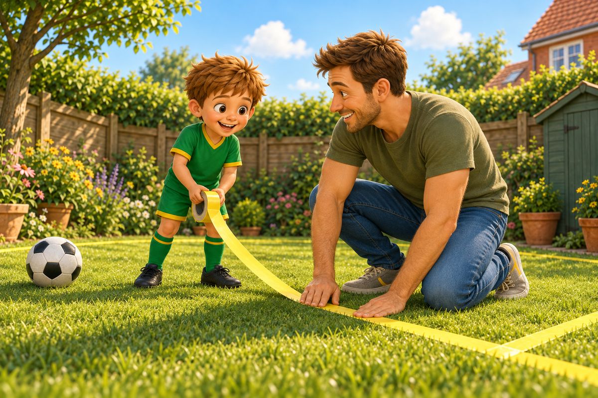 A dad and boy laying tape along the lawn to mark a boundary line in a small, irregularly shaped UK garden, a shed visible in one corner.