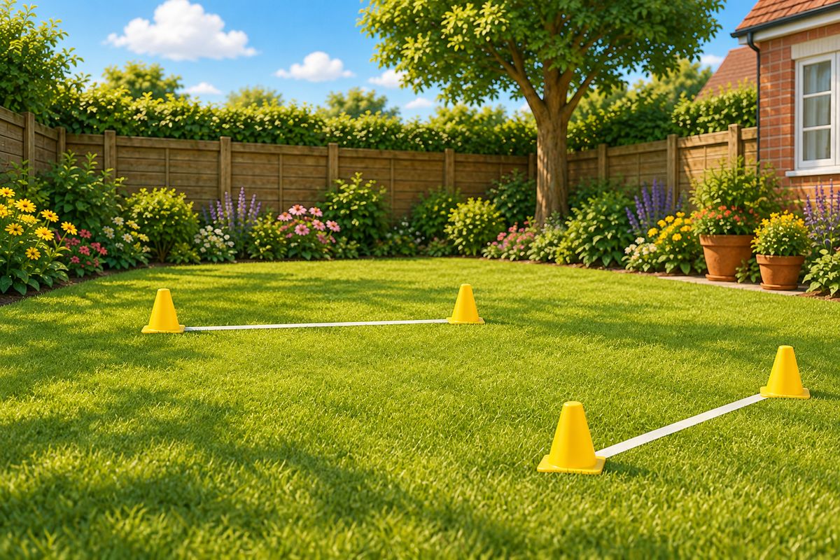 A taped goal-mouth positioned a clear distance from a flowerbed and a window, with cones marking the corners.