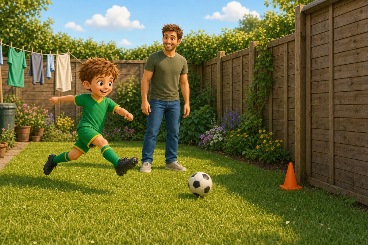 A boy lining up a gentle shot at a garden corner where the fence meets the shed, marked with an orange cone, dad watching nearby in a small UK garden