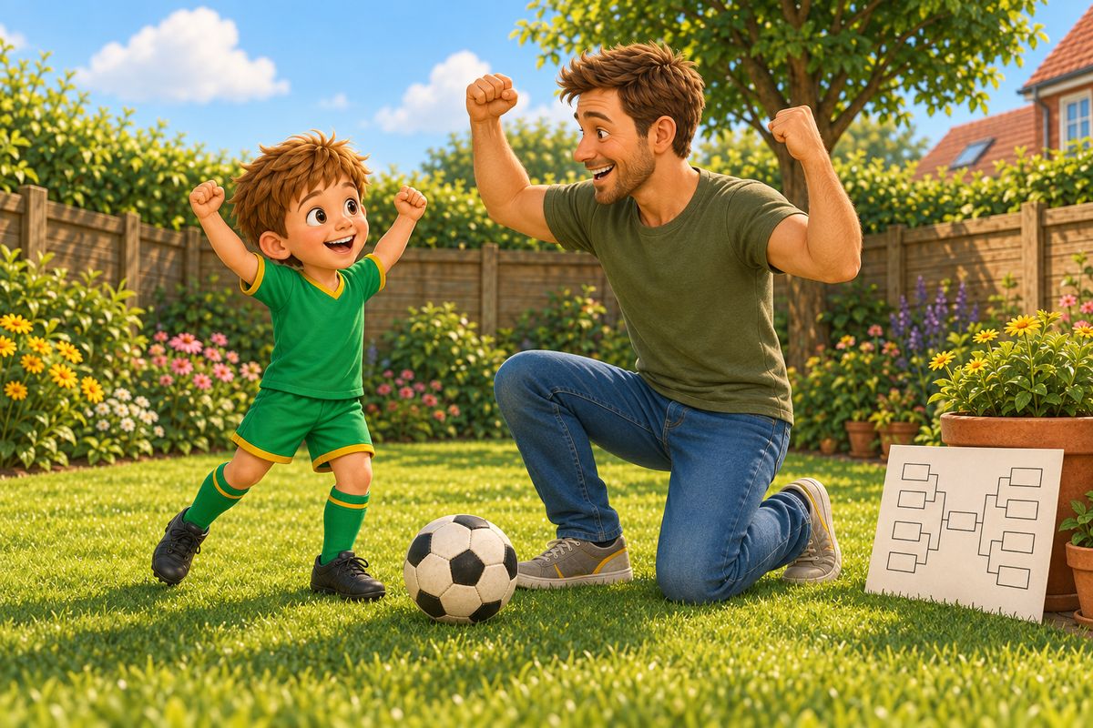 A dad and boy celebrating a goal in the garden, a simple hand-drawn paper tournament bracket propped against a plant pot nearby, a football on the grass between them.