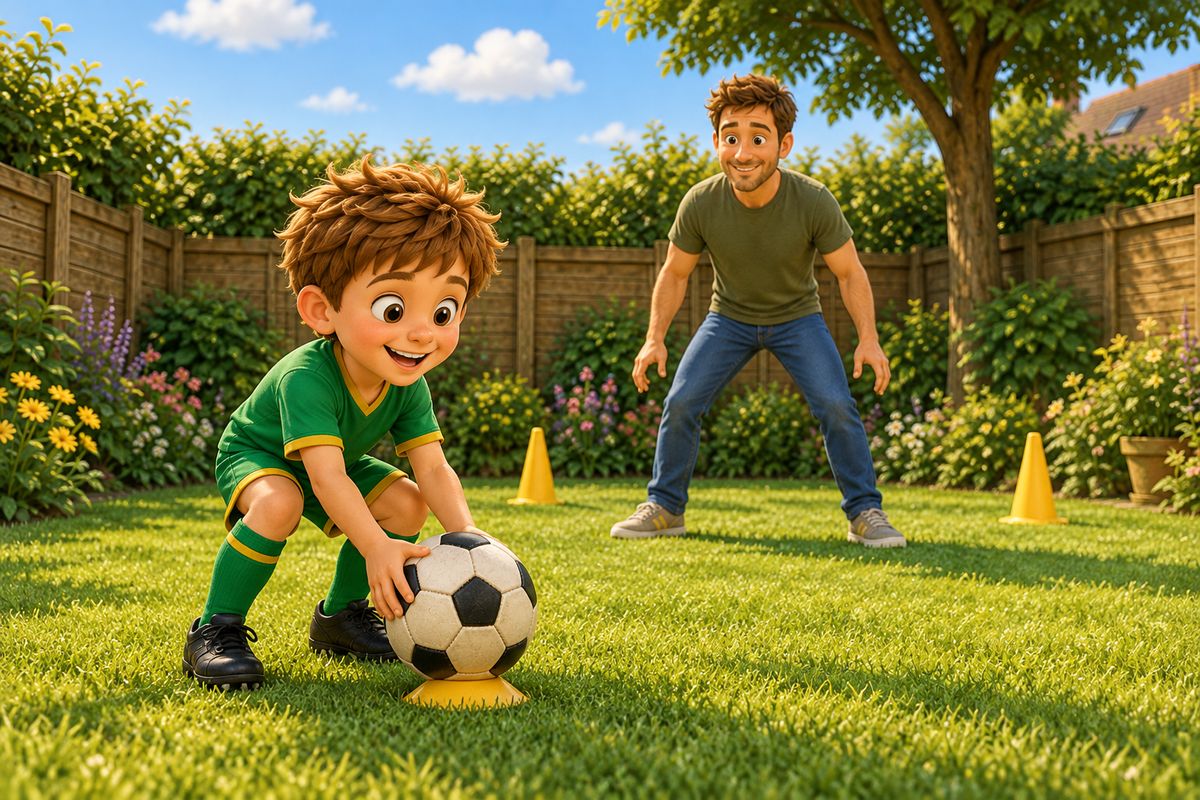 A boy placing a football on a cone-marked spot for a penalty shootout, dad standing between two cones a short distance away as the goalkeeper.
