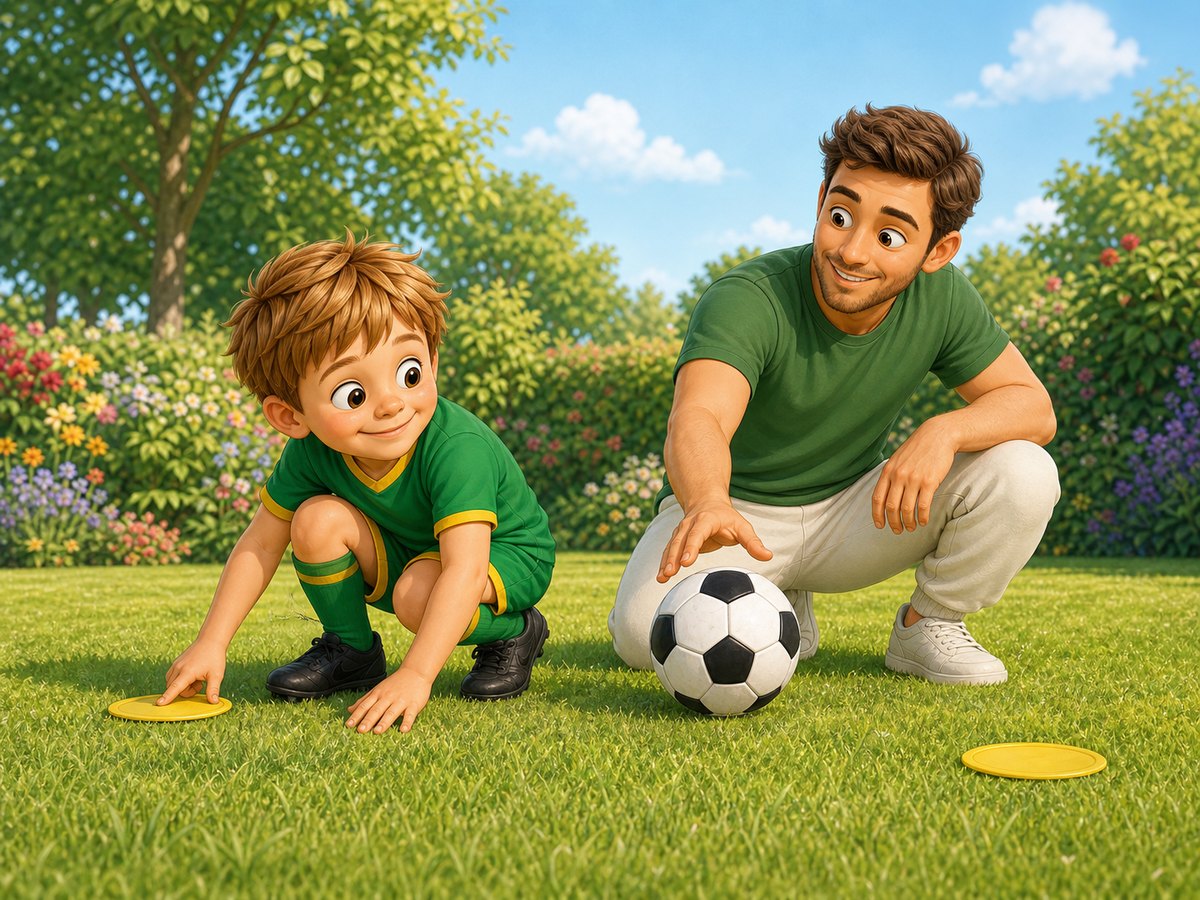 Cartoon child widening a football gate while a grown-up returns the ball for an instant restart