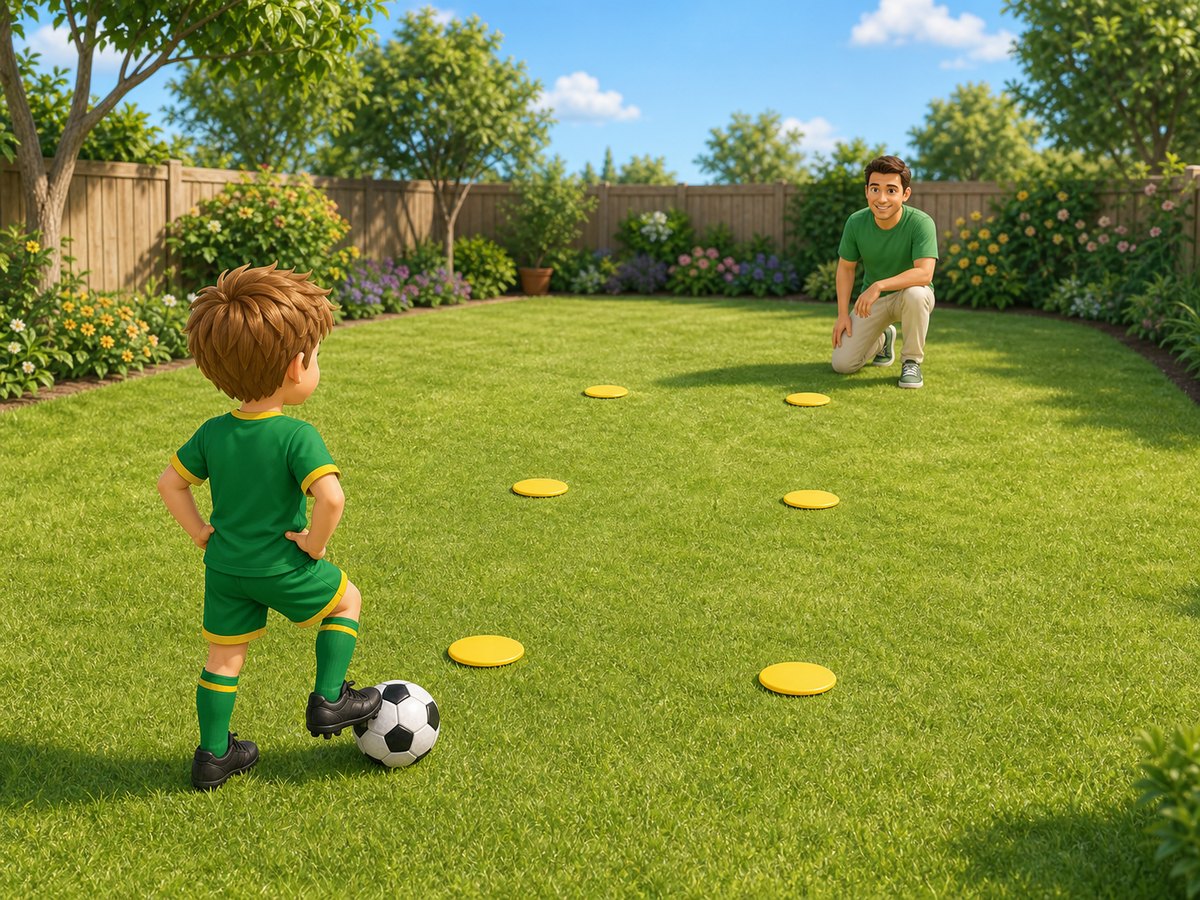 Cartoon setup showing a child, grown-up and three wide football gates arranged across a small garden