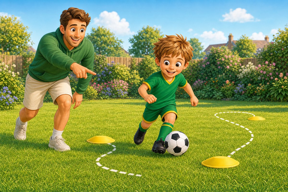 Cartoon child and grown-up continuing a football trail through forgiving yellow markers after an imperfect touch