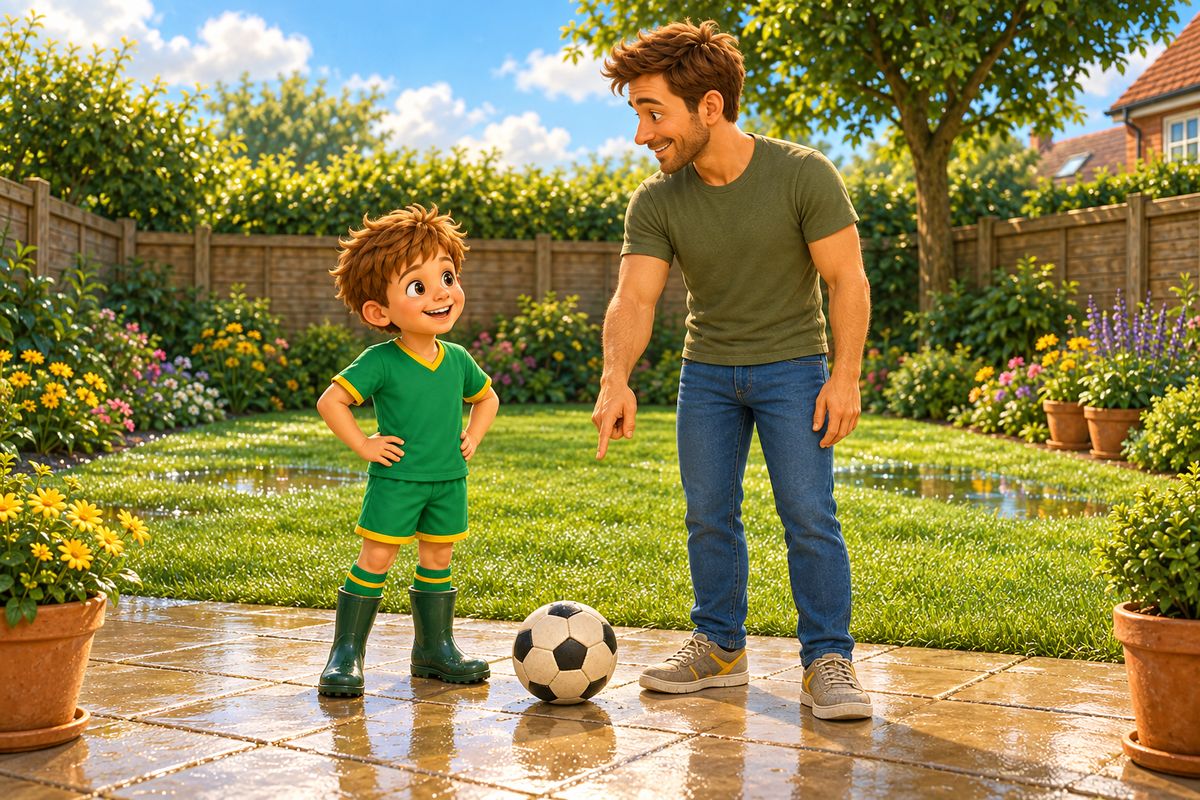 A dad and a boy in wellies stand at the edge of a damp lawn beside a dry patio, with a football resting on the patio.