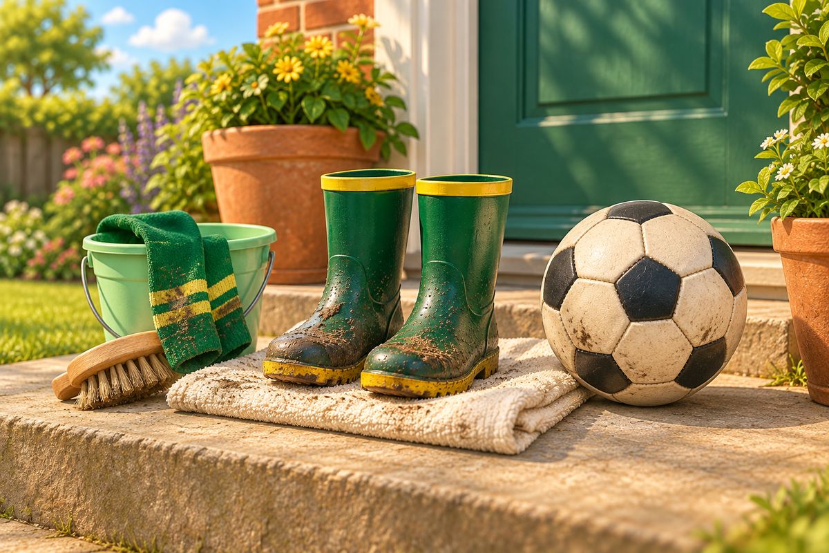 A pair of muddy wellies on an old towel beside a back door, with a wiped football and a small bucket.