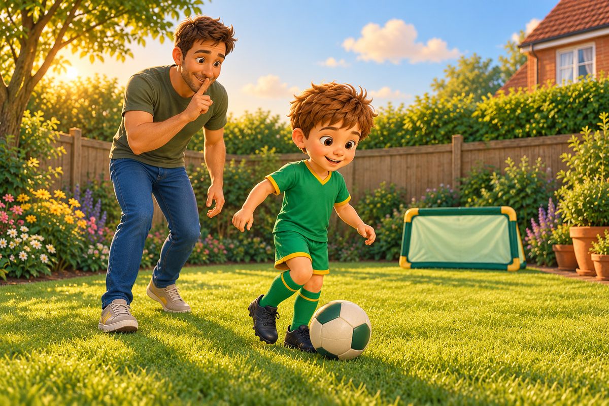 A dad with a finger to his lips grins as a boy gently guides a soft ball across a lawn, with a small soft target at the right-hand edge of the lawn in front of the flower beds.