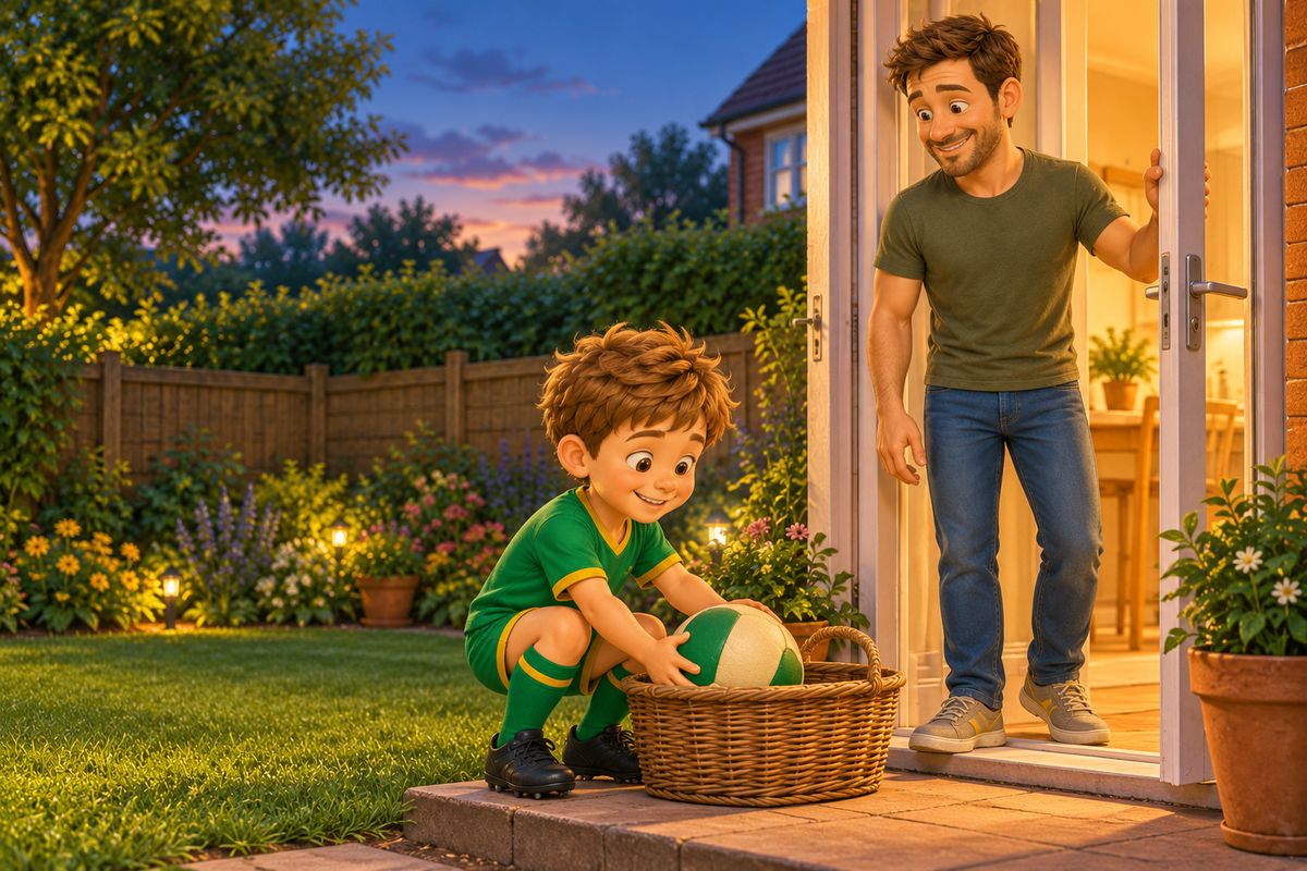 At dusk a boy places a soft ball into a wicker basket on a back step while a dad holds the open back door, a warm kitchen glow behind them.