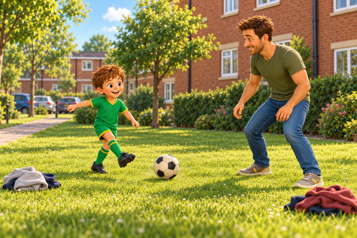 A boy and his dad pass a soft ball on a small grassy courtyard in front of a low brick block of flats, well away from the windows and parked cars.