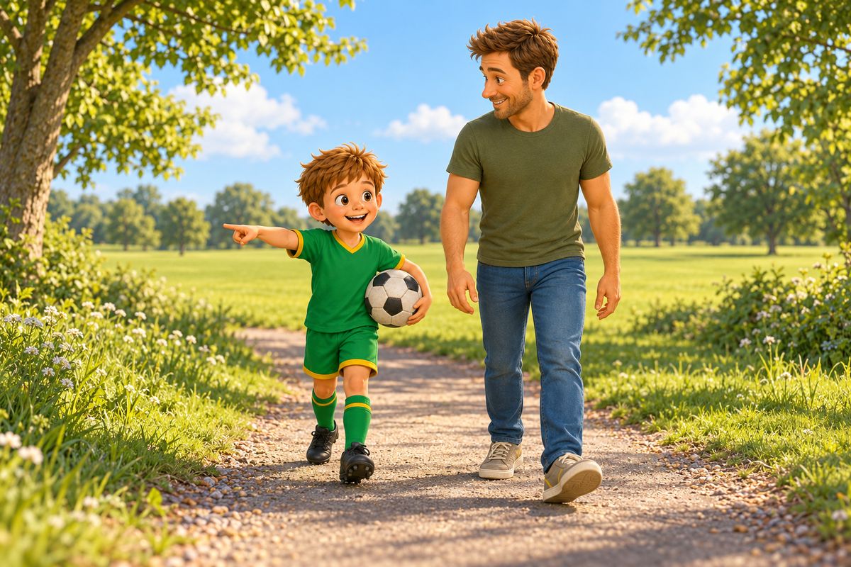A dad and his boy walk along a path towards a wide open park field, the boy carrying a ball under one arm.