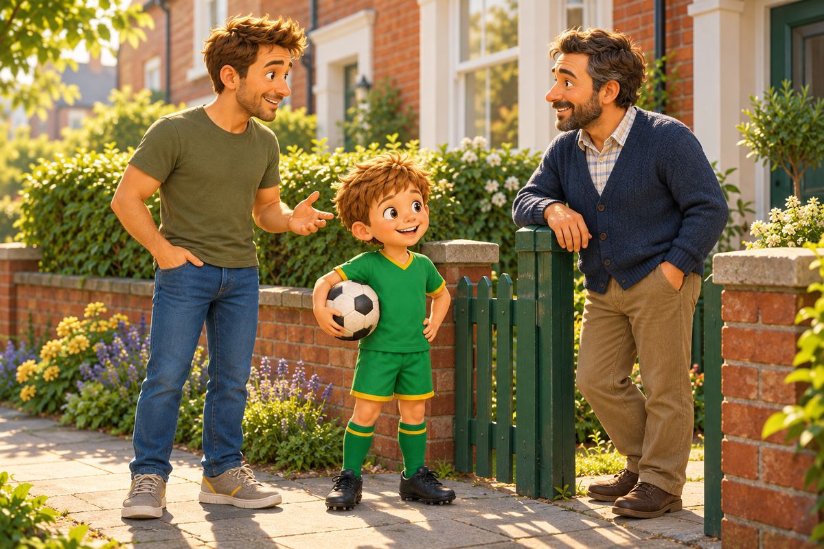 A dad chats pleasantly with a neighbour at a garden gate while his boy stands beside them holding a soft ball, everyone smiling.