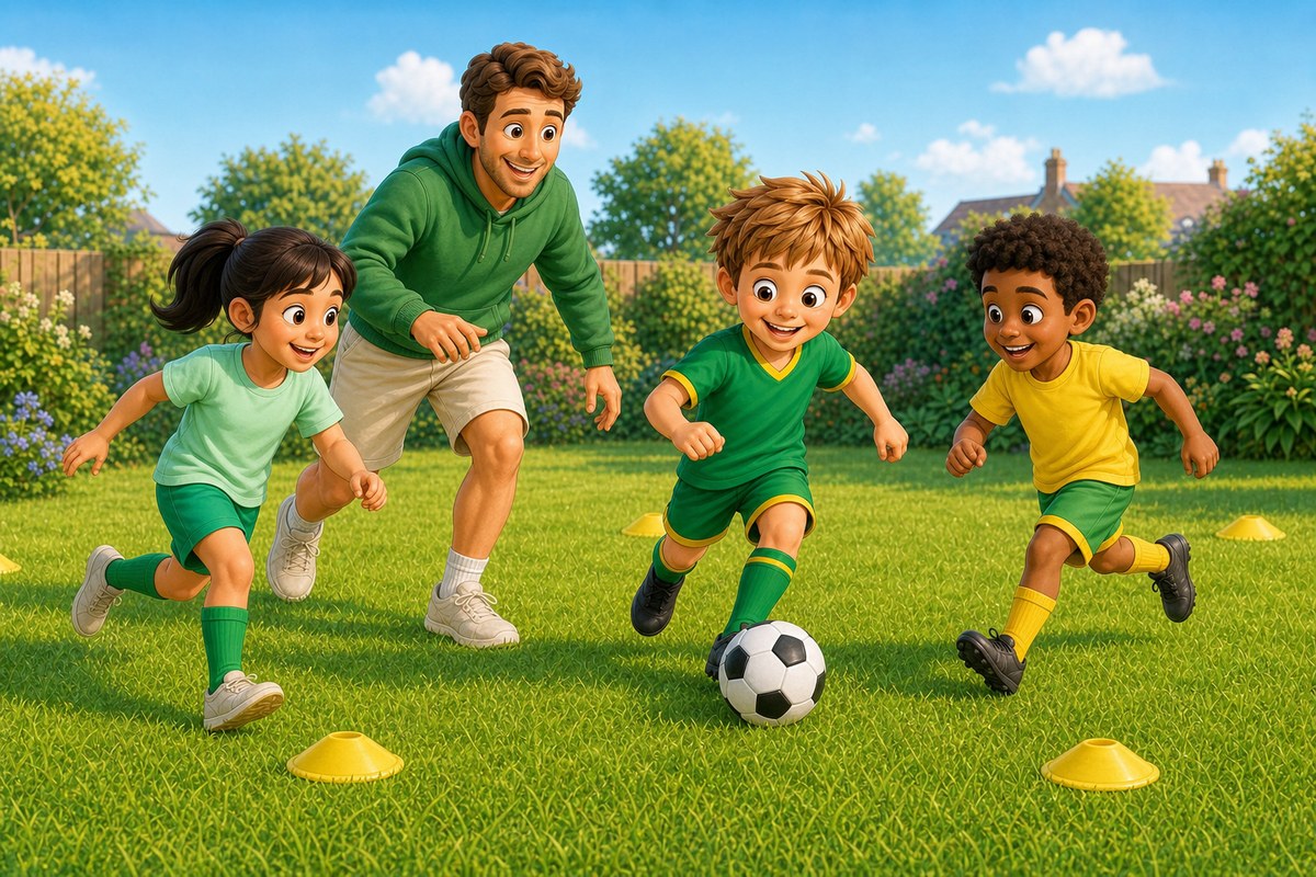 Dad, his son and two other children all actively engaged around one football, nobody sitting, waiting or queuing