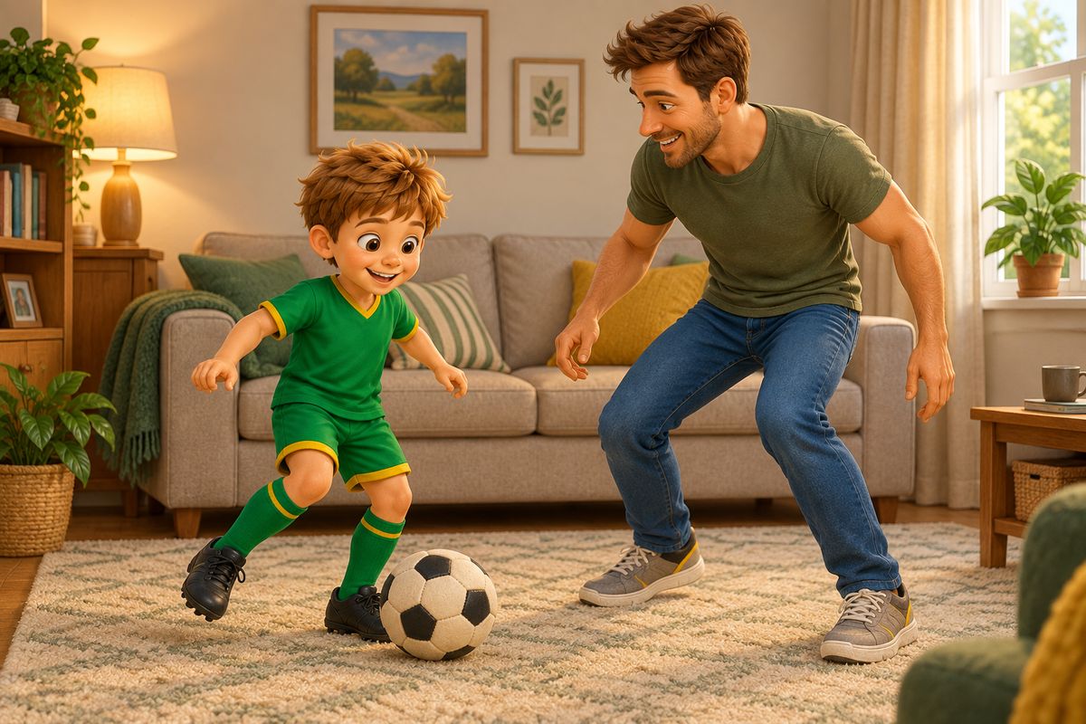 A dad and boy playing a close-control football game in a small living room with furniture pushed back, a soft ball in play.