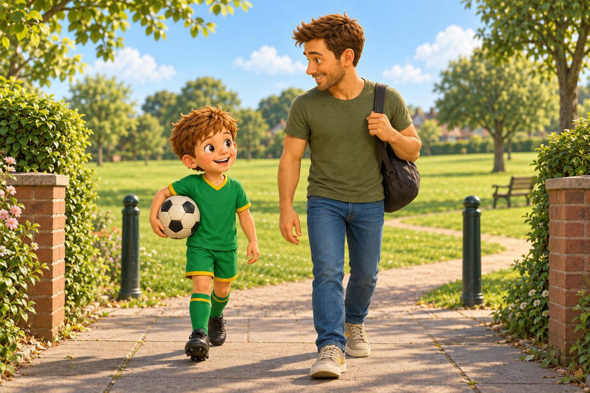 A dad and boy walking together toward an open local park with a football tucked under the boy's arm and a small bag over dad's shoulder.
