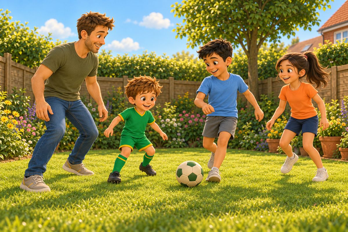 On a garden lawn two taller children pass a soft ball while a smaller boy smiles beside them and a dad steps in to play on the boy's side.