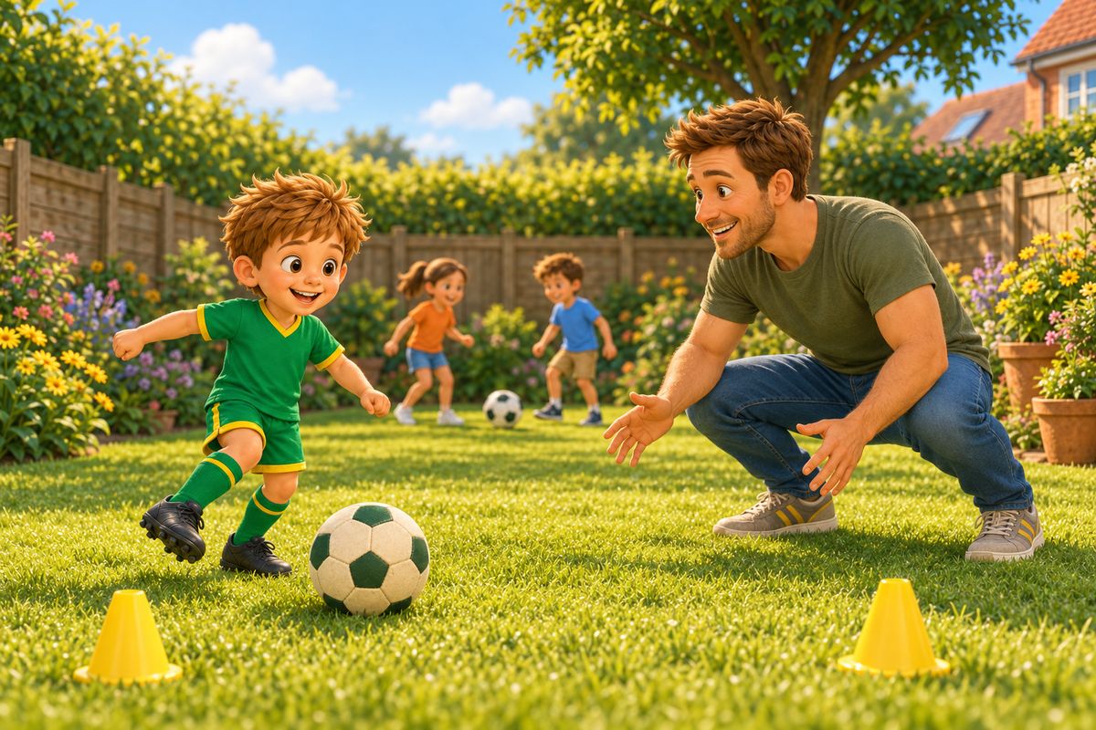 A dad and a small boy play a side game at a tiny two-cone goal at the edge of a lawn while two taller children play in the background.