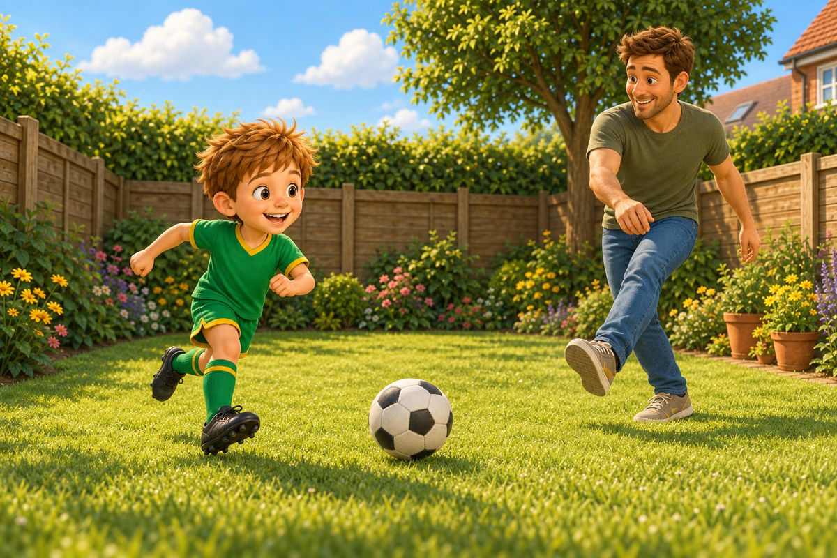 A dad passing a football to a boy who is already moving into open space in a small UK garden, mid-action, the moment right after the pass.
