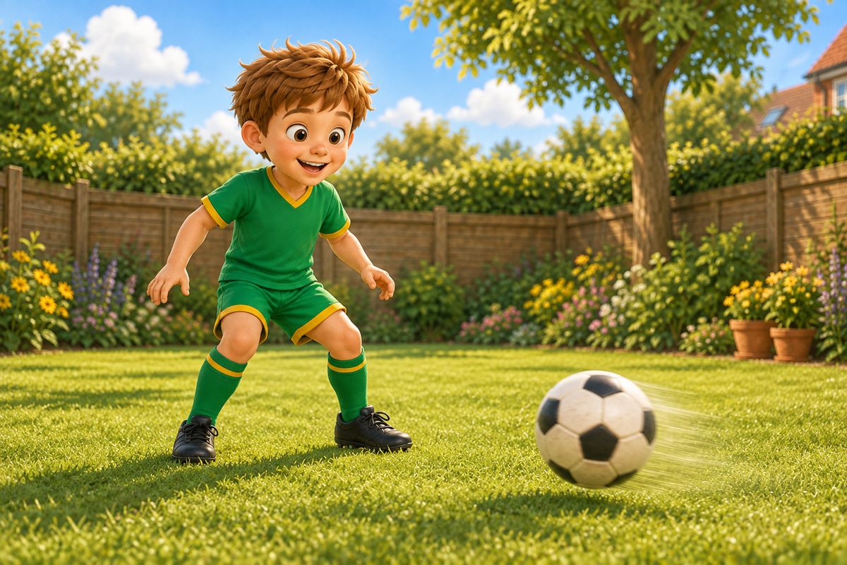 A football mid-flight, returning toward a boy who has just moved into a new position in a UK garden.