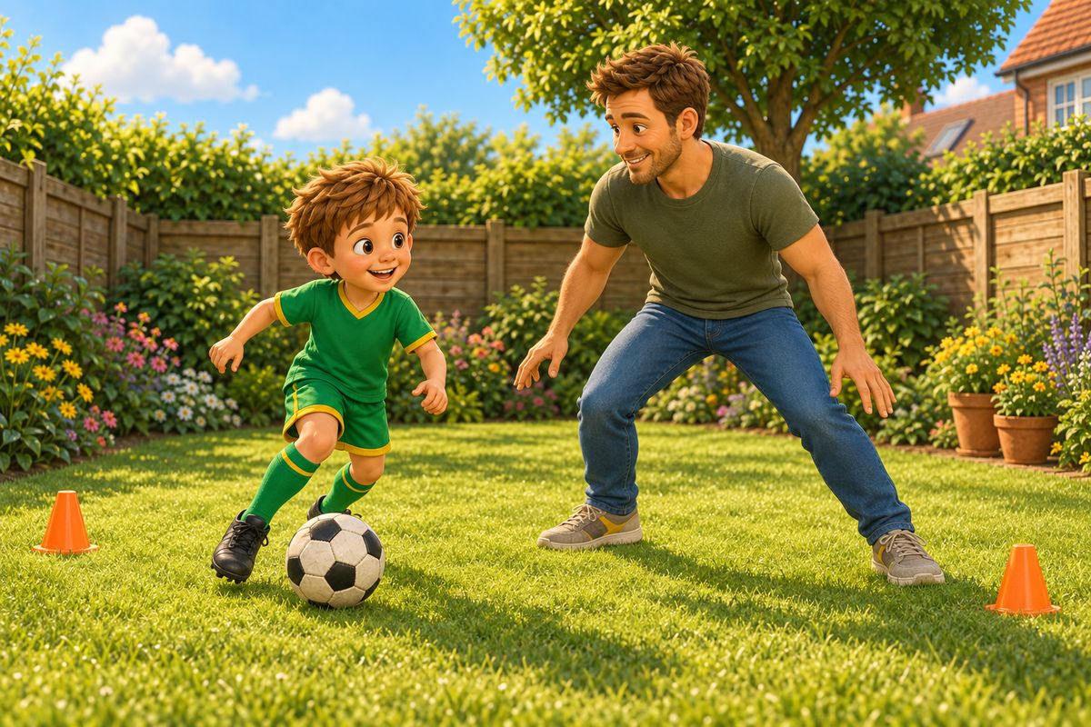 A dad in a light, mirrored defensive stance a couple of steps from a boy who has the football at his feet in a small marked-out UK garden space, the dad's hands open and low rather than reaching for the ball.