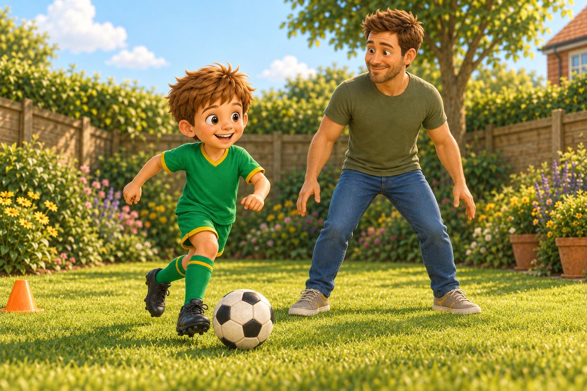 A boy dribbling a football past a dad in a mirrored, weight-forward stance, staying goal-side without lunging or tackling, in a small UK garden.