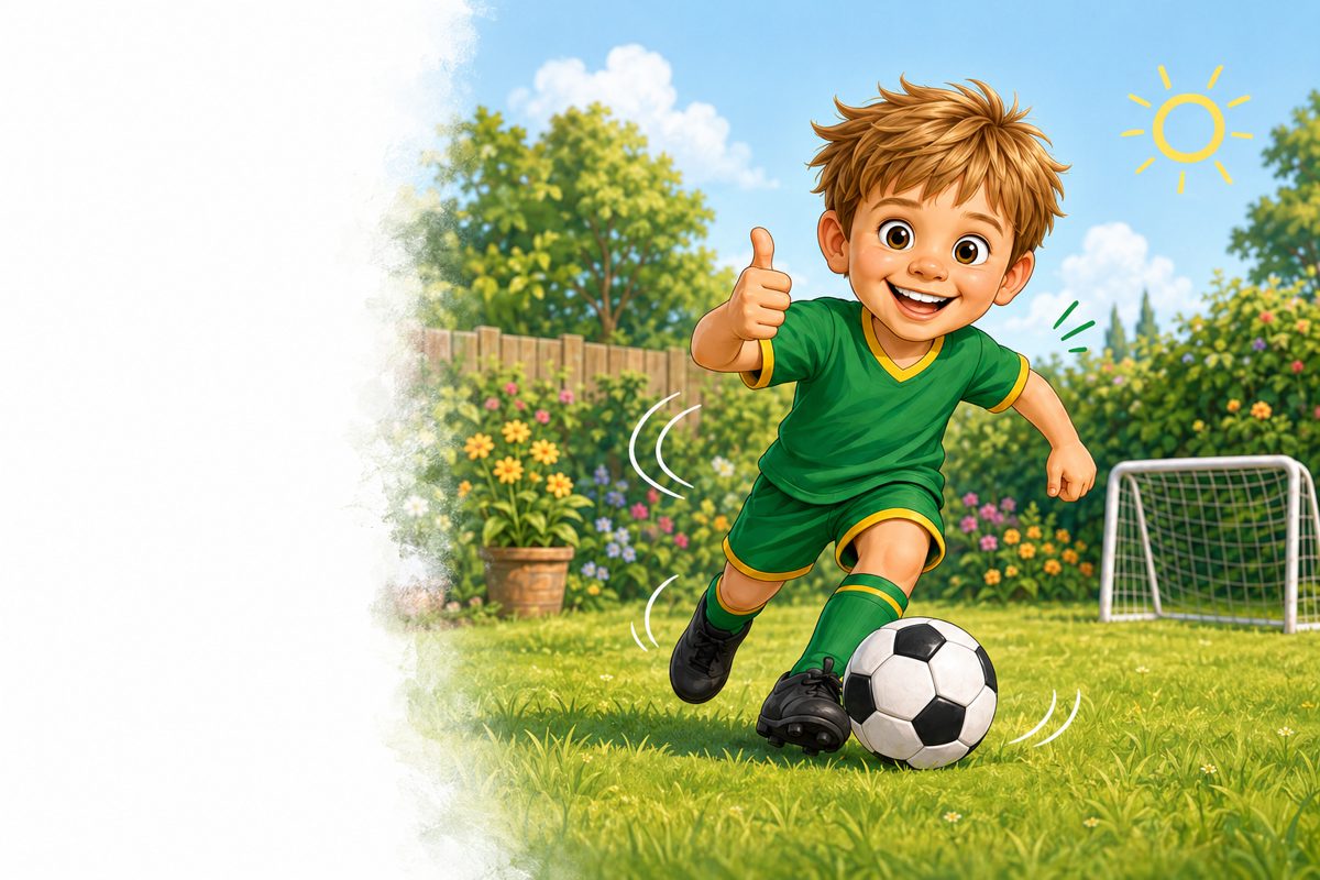 Illustration of a smiling child dribbling a football in a sunny garden