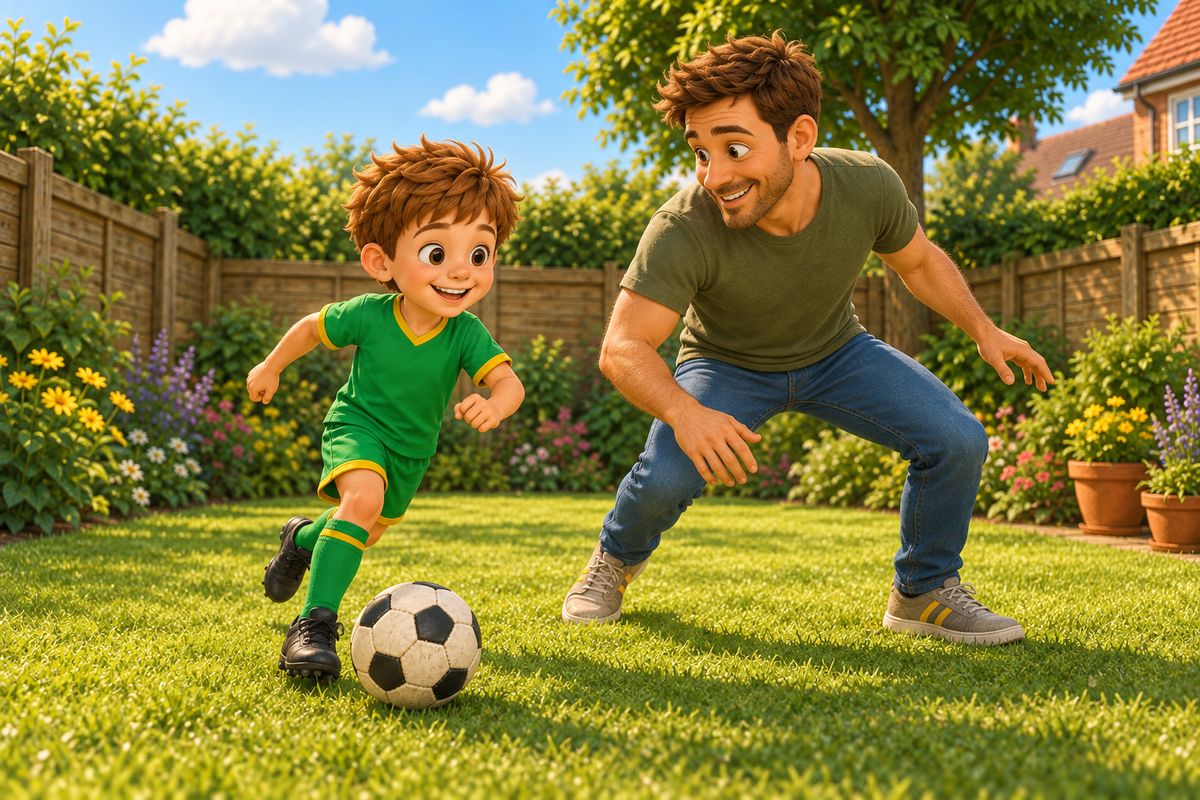 A dad in a light defensive crouch as a boy dribbles a football past him in a small UK garden.
