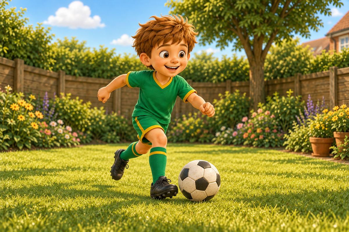 A boy dribbling a football through a gap on a lawn, mid-celebration expression, having just got past a defender.