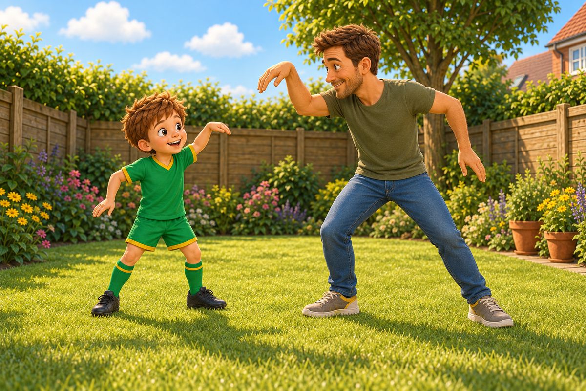 A grown-up and a child facing each other in a small UK garden, both mid-laugh, one arm raised in a mirroring movement, no ball in view yet.