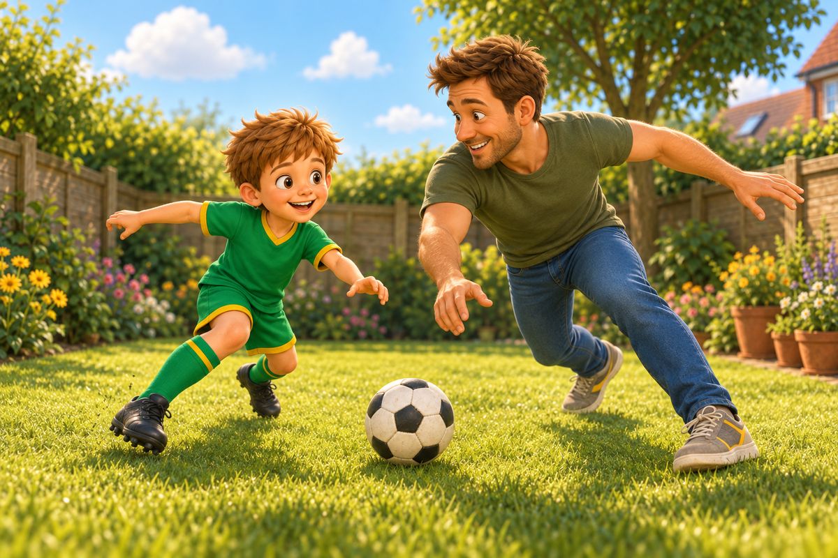 A grown-up and a child both reaching toward a football on a lawn at the same moment, a beat before either touches it, both smiling.