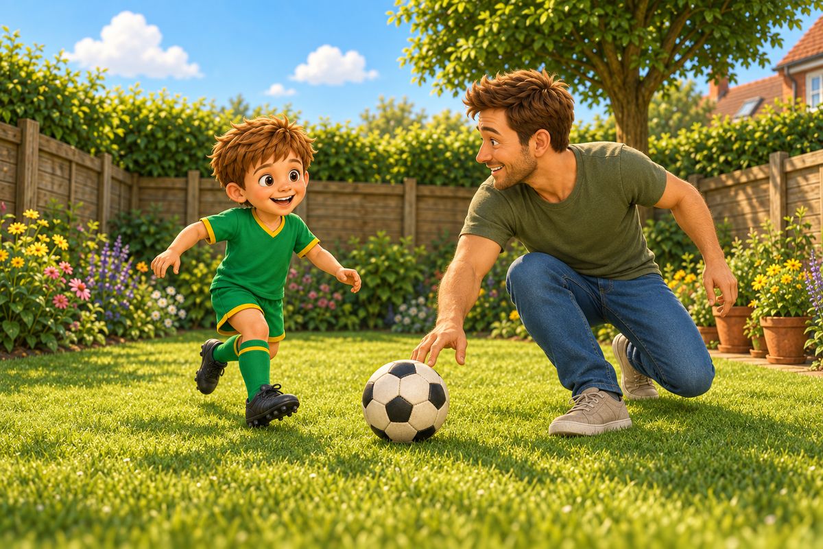 A dad crouched in a small UK garden, gently pushing a ball toward a boy, both mid-laugh, the dad's body language slightly hesitant and unpolished rather than coach-like