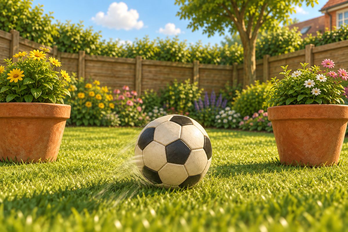A close-up of two plant pots set a few feet apart on a lawn standing in as an improvised goal, a ball rolling toward the gap between them