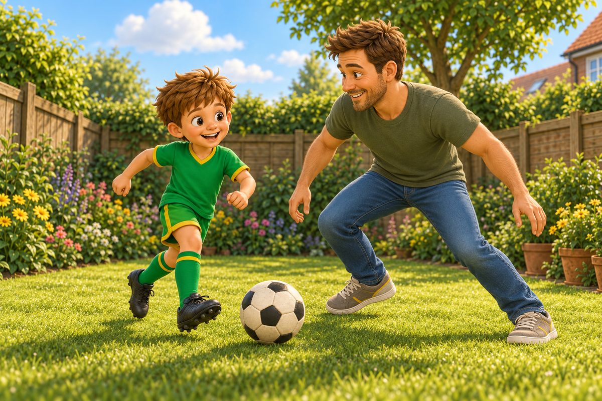 A dad and a boy playing football together in a small UK garden, both smiling mid-kickabout.