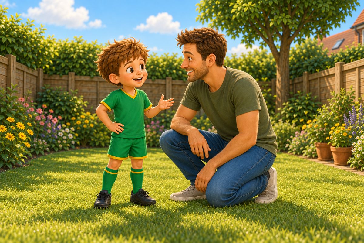 A dad crouched down at a boy's eye level in a garden, both looking at each other and smiling.