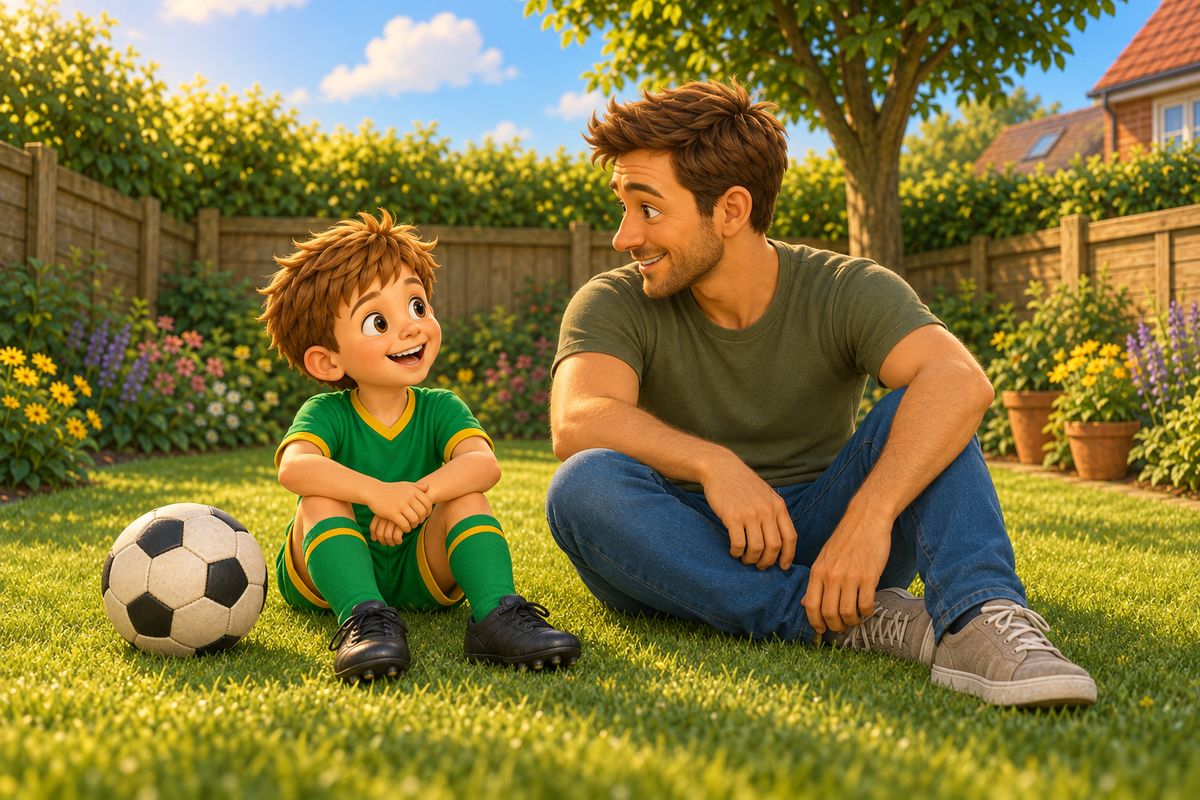 A dad and a boy sitting together on the grass after playing, relaxed, the ball resting beside them.
