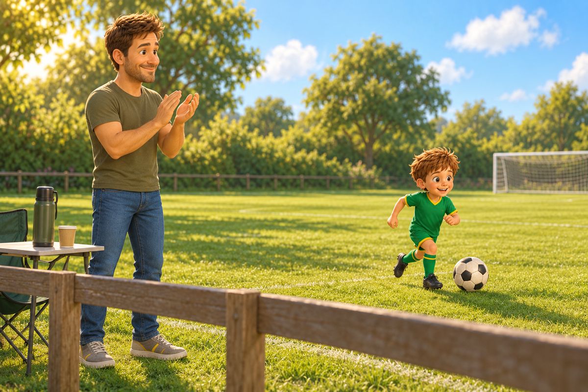 A dad stands behind a low wooden barrier at the edge of a small grass pitch, smiling and clapping while a boy plays with a ball in the distance.