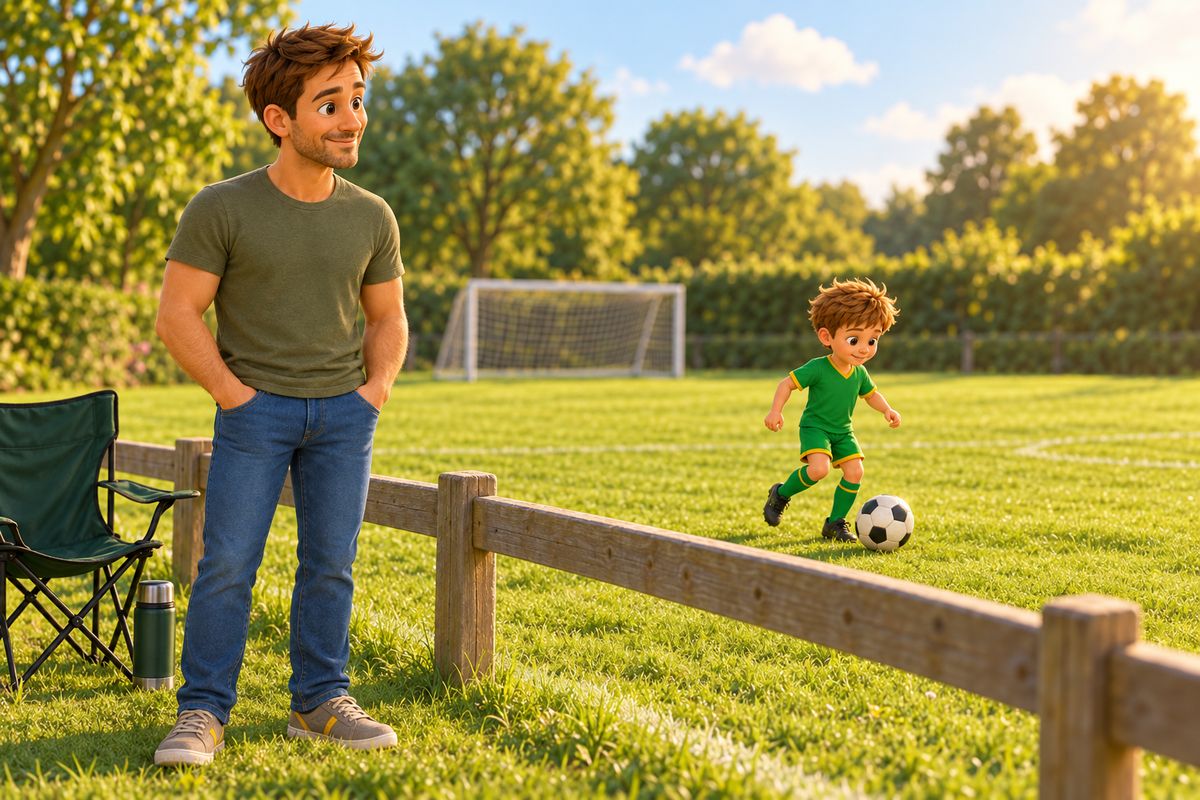 A dad stands behind a barrier with his hands in his pockets and a gentle smile, a folding chair and flask beside him, watching a boy with a ball on the pitch.