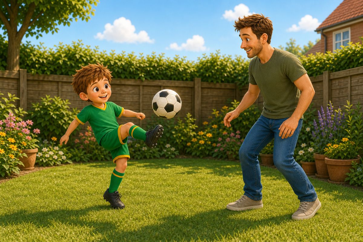 A dad and boy stand a short distance apart in a small UK garden, the boy mid-touch keeping a football up in the air between them as part of a partner keepy uppy ladder game