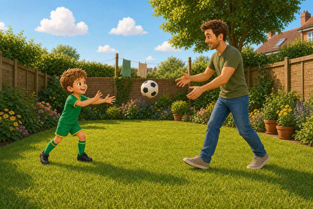 A dad and boy of clearly different sizes playing the keepy uppy ladder together in a garden, the ball passing between them, showing the game working for a mismatched pair